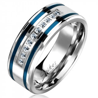 Bague homme acier  lignes bleues et bande de strass