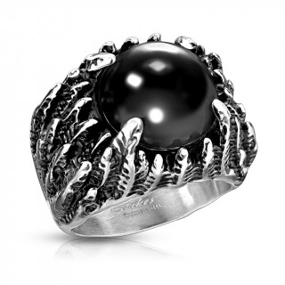 Bague homme acier  plumes et pierre noire ronde