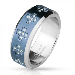 Bague homme acier  pourtour bleu avec croix zirconium