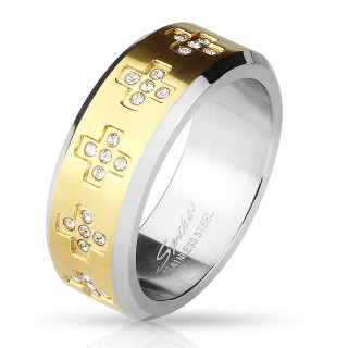 Bague homme acier  pourtour dor avec croix zirconium