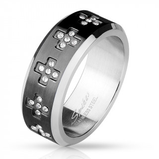 Bague homme acier  pourtour noir avec croix zirconium