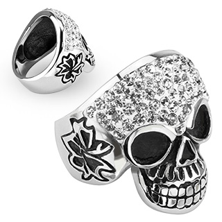 Bague homme acier  tte de mort sertie