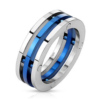 Bague homme acier   trio d'anneaux argent et bleu