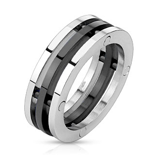 Bague homme acier   trio d'anneaux argent et noir