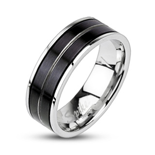 Bague homme acier avec bandeau noir matte  rainure grise