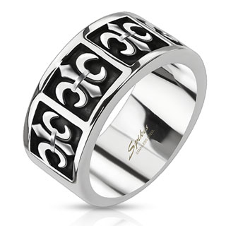 Bague homme acier avec cinq fleurs de Lys encadrées