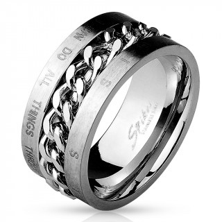 Bague homme acier avec gravure biblique en anglais et chaine