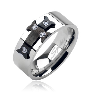 Bague homme en acier avec croix noire mdivale cloue de pierres