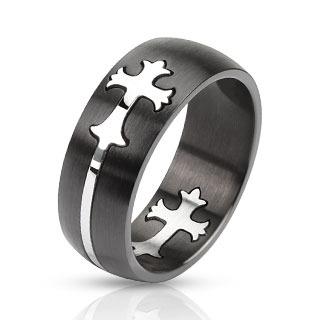 Bague homme acier bross noir avec croix argentes