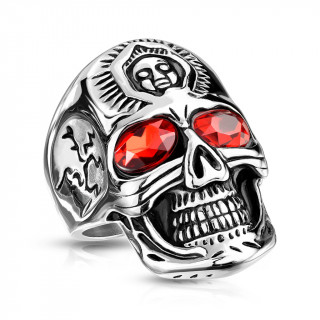 Bague homme acier crane aux yeux rouges et tête frontale
