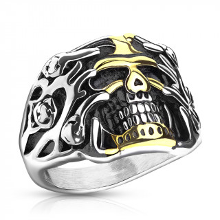 Bague homme acier crane doré à flammes