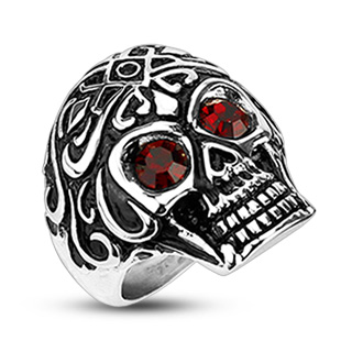 Bague homme acier crane tribal aux yeux rouges