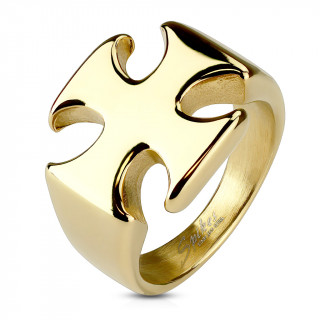 Bague homme acier croix de malte dorée