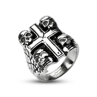 Bague homme acier croix et ttes de mort