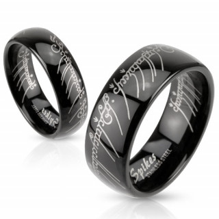 Bague noire en acier à écritures elfiques