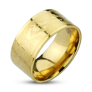 Bague homme acier dorée à dragons en relief