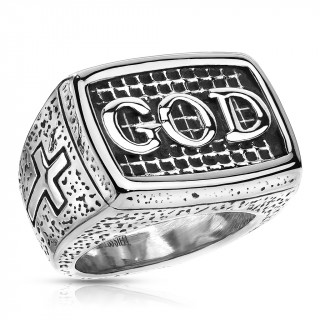 Bague homme acier grave "GOD" (dieu)  croix latines