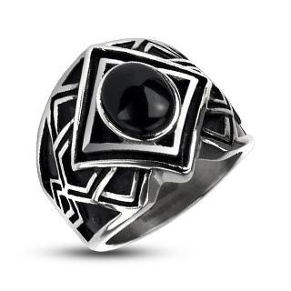 Bague homme acier lignes croises et pierre d'Onyx