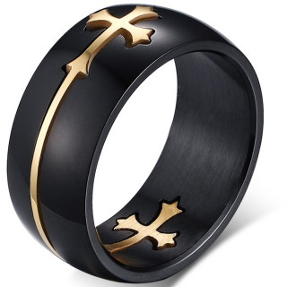 Bague homme acier noir avec croix dores