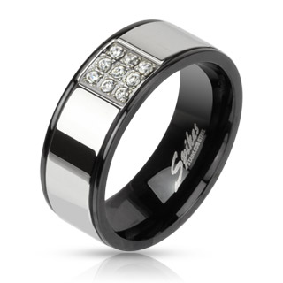 Bague homme acier noire et argente  carr de pierres