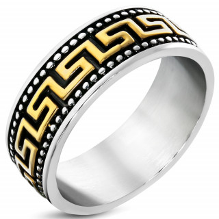 Bague homme acier perle  frise grec dore