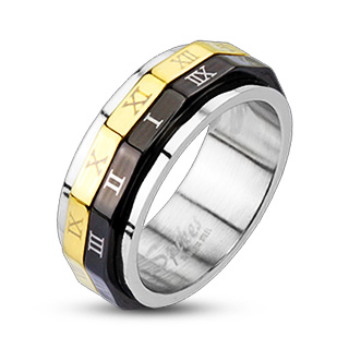 Bague homme acier polygones noir et dor  chiffres romains