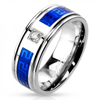 Bague homme acier sertie avec bandeau bleu  frise grec