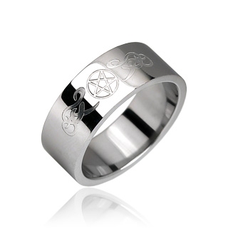 Bague  homme acier symboles tribaux et pentagramme