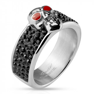 Bague homme acier tte de Mort aux yeux rouges