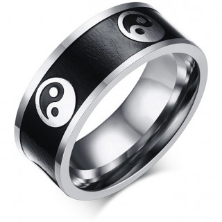 Bague homme acier Yin et Yang  bande noircie matte