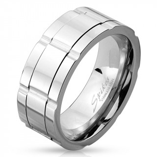 Bague homme anti-stress en acier  rainures horizontales