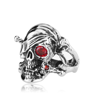 Bague homme biker en acier  crane pirate  l'oeil rouge