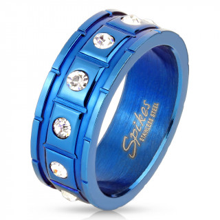 Bague homme bleue en acier avec segments rectangulaires serties