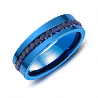 Bague homme bleue en acier  bande de pierres en diagonale