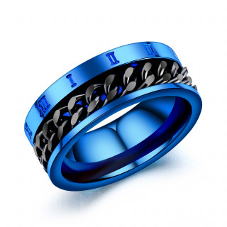 Bague homme bleue en acier  chaine noire et chiffres romains