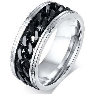 Bague homme en acier � chaine noire et bords crant�s