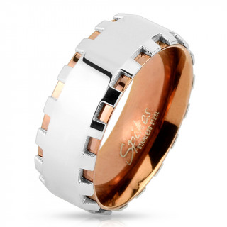 Bague homme crantée en acier cuivré et argenté