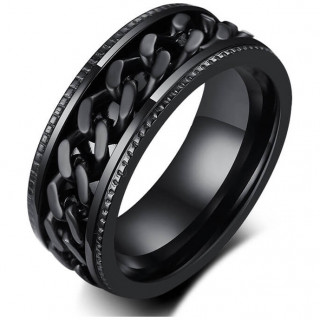 Bague homme crante en acier noir  chaine