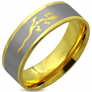 Bague homme dore acier  lzard sur bande grise