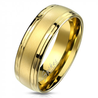 Bague homme dorée en acier à bande brossée et lignes polies
