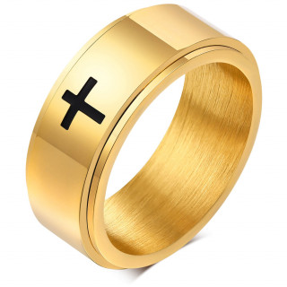 Bague homme dore en acier  croix sur bandeau tournant