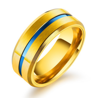 Bague homme dore en acier  ligne liseret bleu