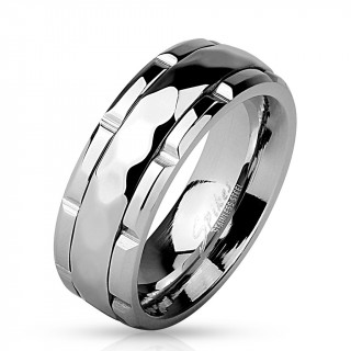 Bague homme en acier  anneau anti-stress facett et bords gauffrs