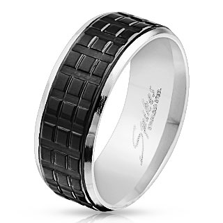 Bague homme en acier  bande de carrs noirs