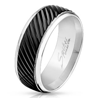 Bague homme en acier  bande de diagonales noires