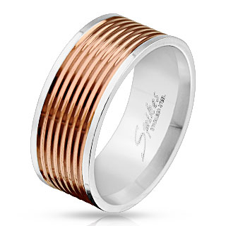 Bague homme en acier  bande de lignes cuivres