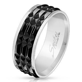 Bague homme en acier  bande de pyramides noires