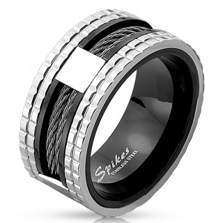 Bague homme en acier à bords crantés avec encoche et filins noirs