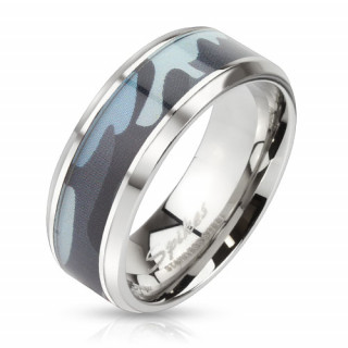 Bague homme en acier  camouflage militaire bleu