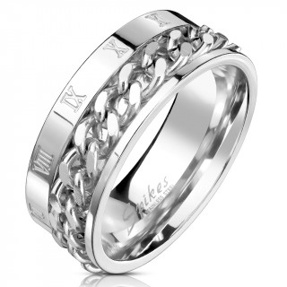 Bague homme en acier  chiffres romains et chaine